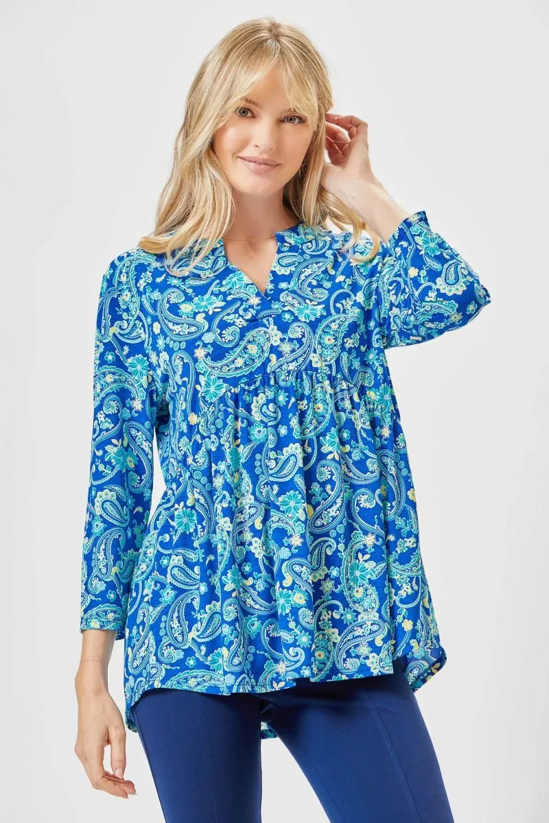 3/4 Sleeve Empire Waist Royal Blue Paisley Top - Wrinkle Free - Dear Scarlett