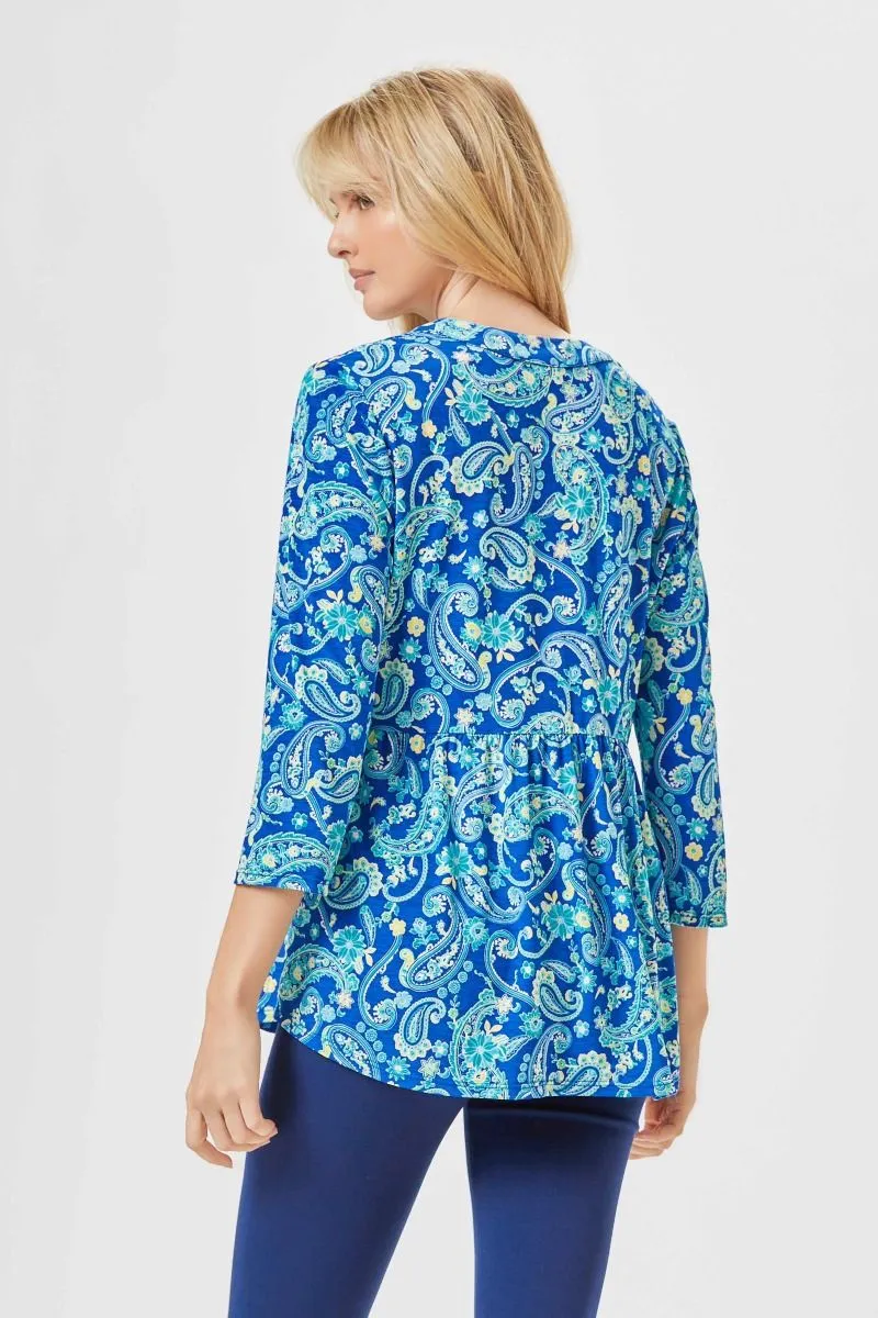 3/4 Sleeve Empire Waist Royal Blue Paisley Top - Wrinkle Free - Dear Scarlett