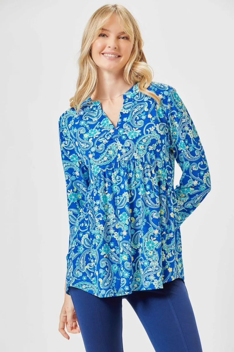 3/4 Sleeve Empire Waist Royal Blue Paisley Top - Wrinkle Free - Dear Scarlett