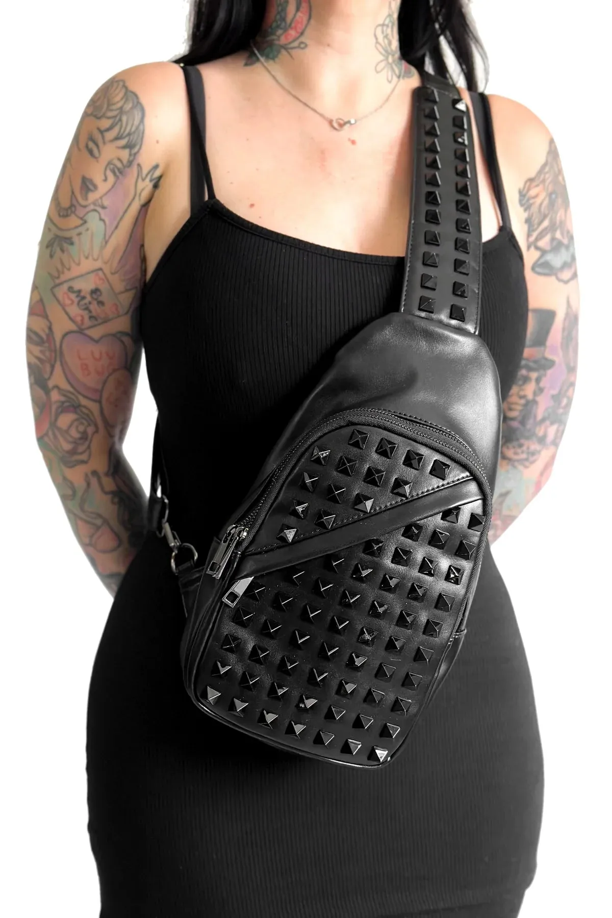 Black on Black Studded Sling Bag