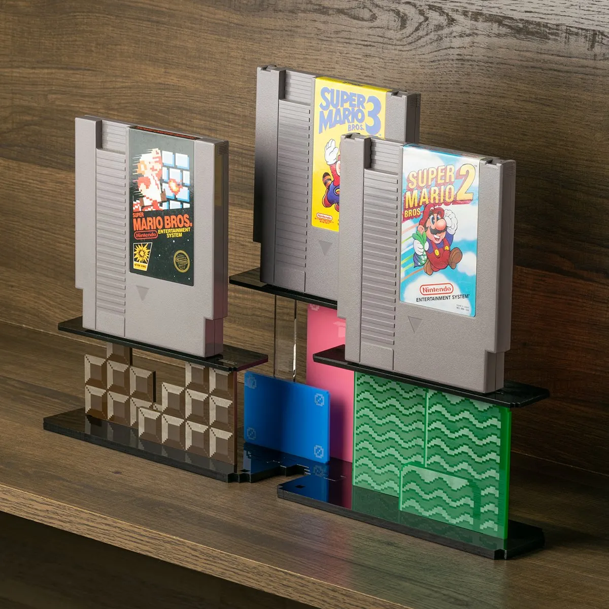 Cartridge display stand for Nintendo NES Super Mario Bros 1, 2 & 3 carts | Rose Colored Gaming