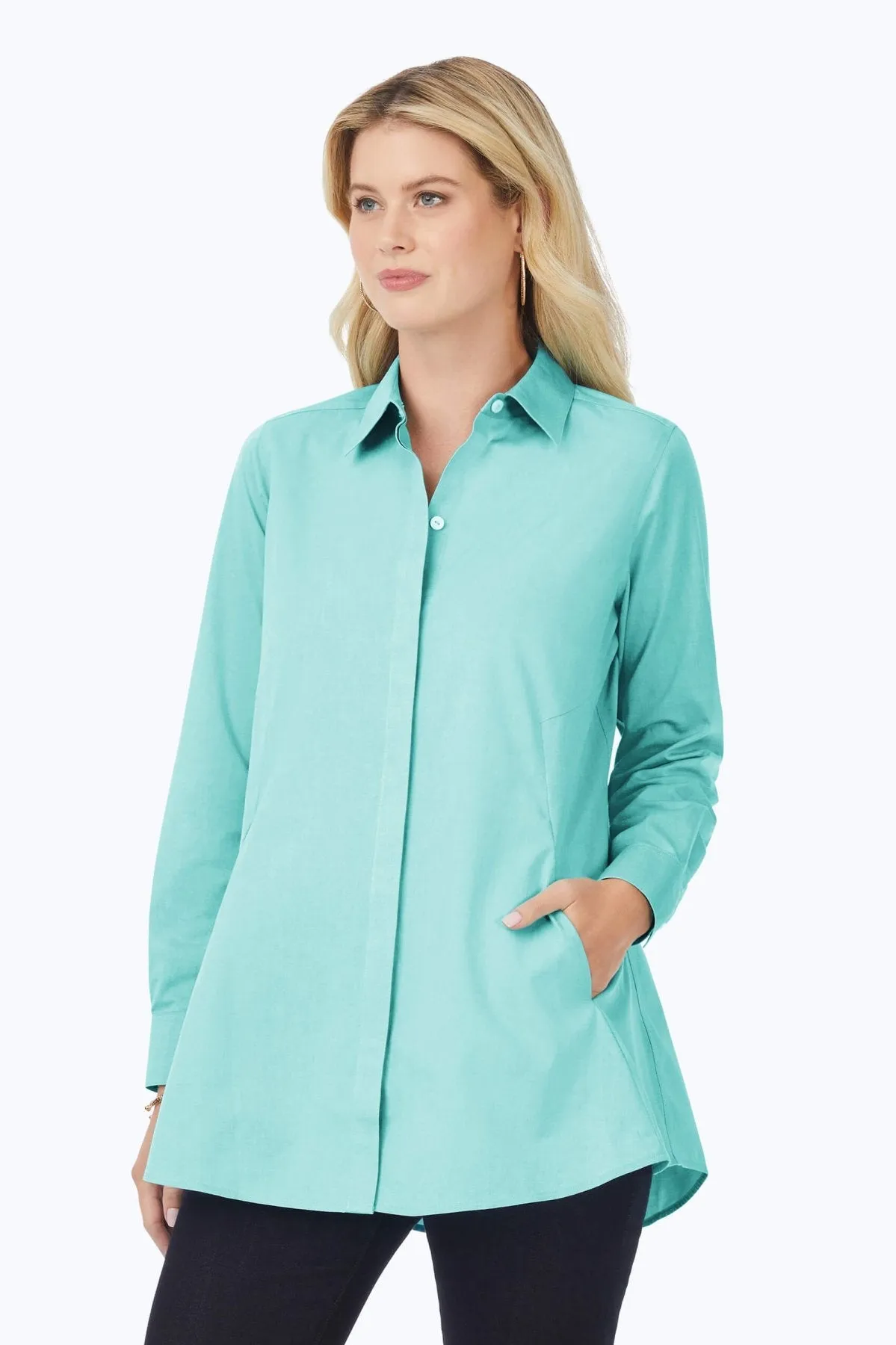 Cici Pinpoint No Iron Long Sleeve Tunic, Oceanside