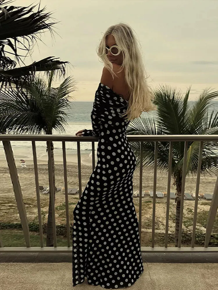 Girlary Sexy Polka Dot Dresses For Women Off Shoulder Mesh Patchwork Party Dress Long Sleeves Ruched Vestidos Summer Lady Elegant Robes