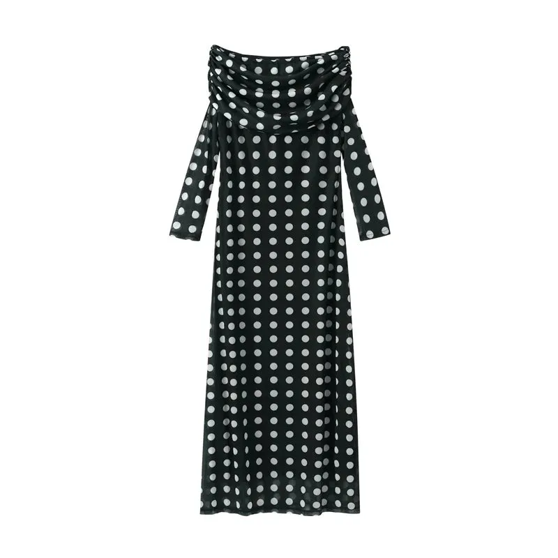 Girlary Sexy Polka Dot Dresses For Women Off Shoulder Mesh Patchwork Party Dress Long Sleeves Ruched Vestidos Summer Lady Elegant Robes