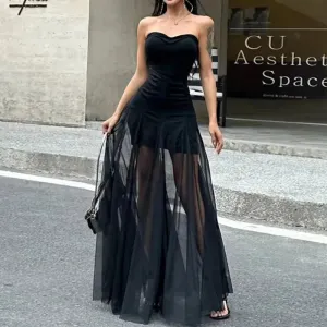 Girlary Sexy StraplessMesh MaxiDresses for Summer Women's Dress 2024 New Chest wrapped mesh patchwork receiving waist and buttocks dress