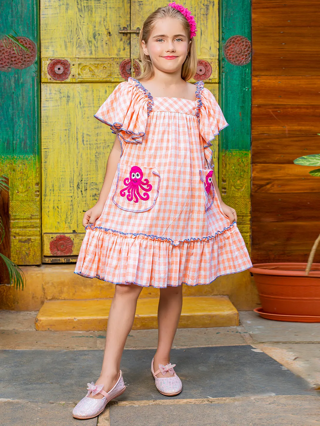 Girls Pink Octopus Patchworkd Cotton Dress