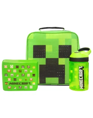 Minecraft Creeper Face Lunch Bag Set (Lunch Box, Water bottle, Snack Pot) - Green