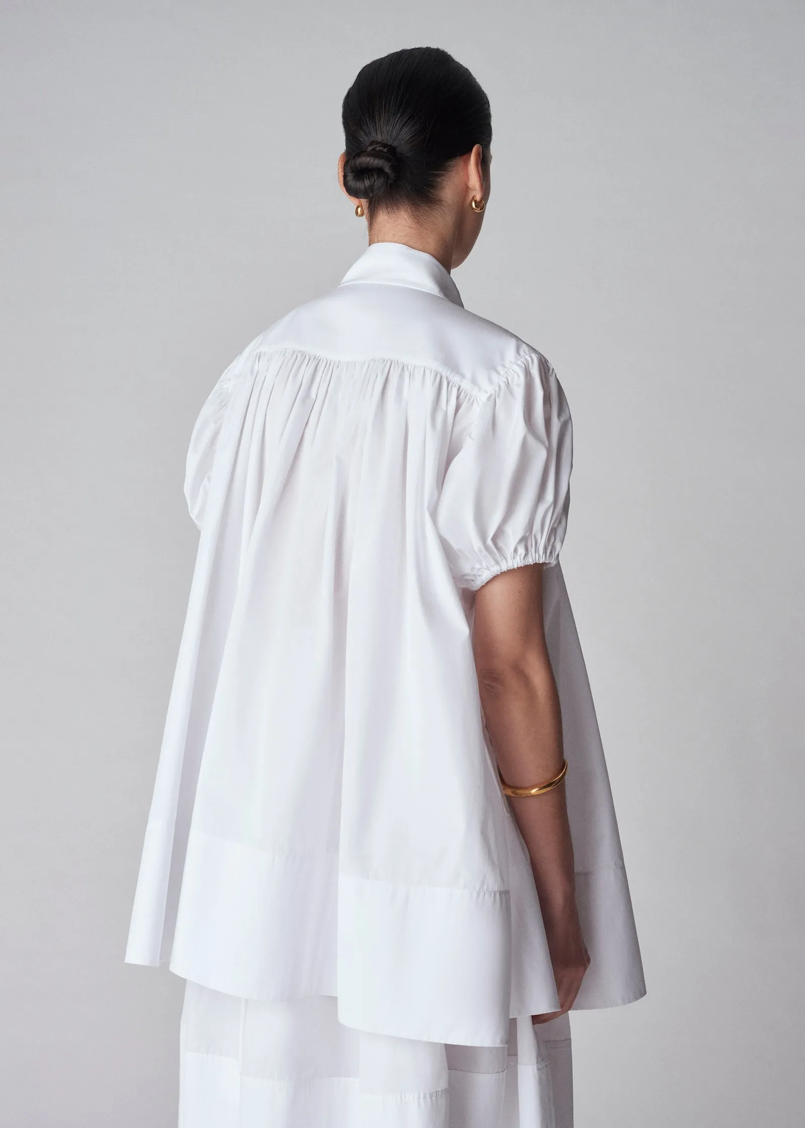 Puff Sleeve Gathered Shirt in Cotton Poplin - White