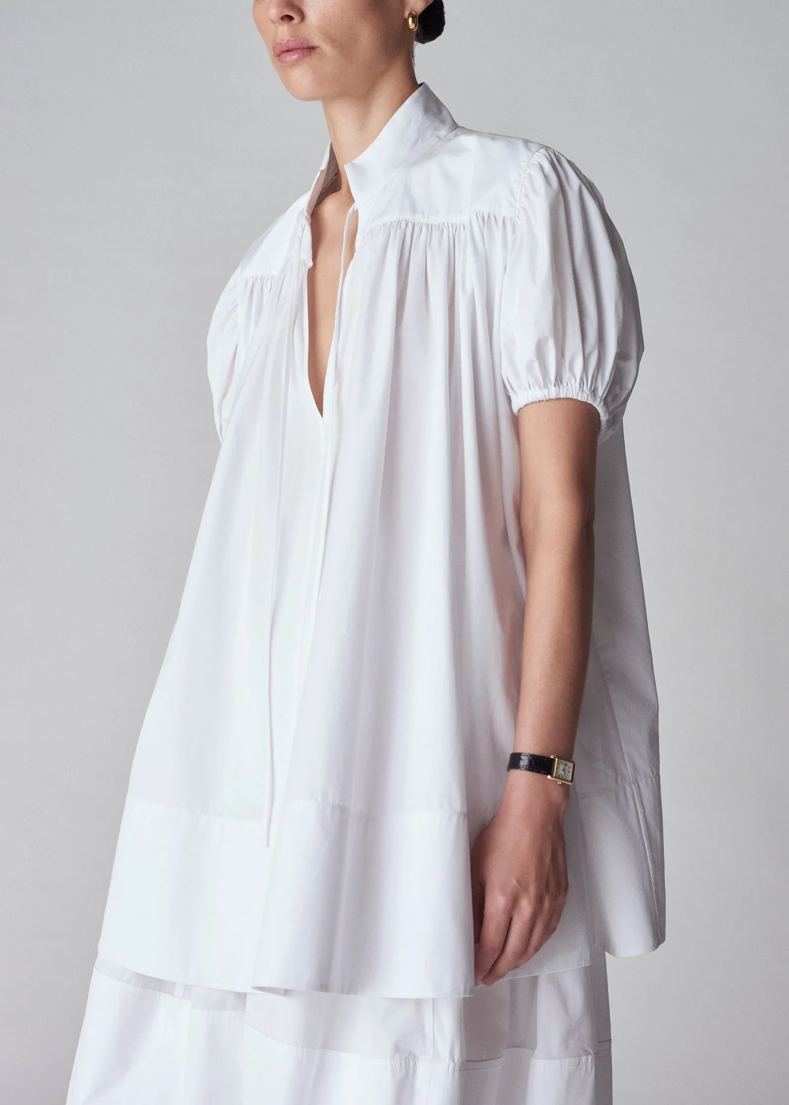 Puff Sleeve Gathered Shirt in Cotton Poplin - White