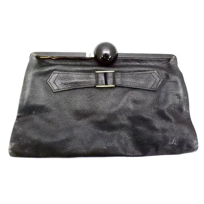 Vintage Black  Leather Clutch Purse w/ Huge Ball Clasp Art Deco 1920s